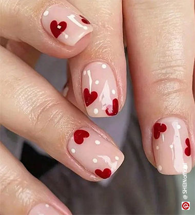 pink nail designs - pink nails with red hearts