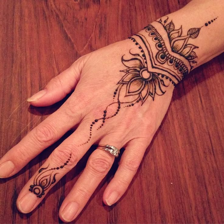 This may contain: a woman's hand with a henna tattoo on her left arm and wrist