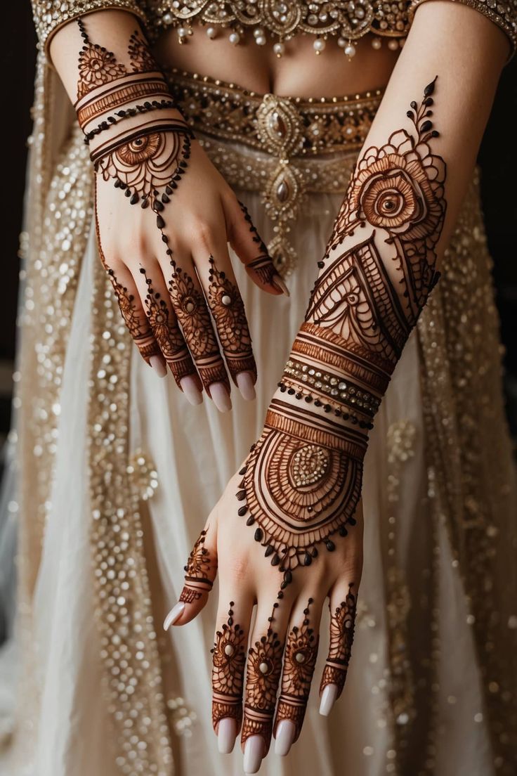 This may contain: a woman's hands with hennap on her arm and hand, showing the intricate