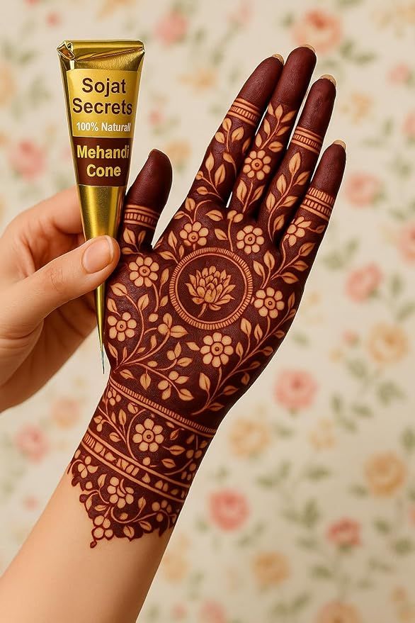 This may contain: a hand holding up a tube of mehandi cream on it's palm