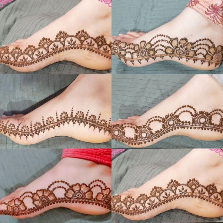 This may contain: four pictures of feet with henna designs on them, all showing the different patterns