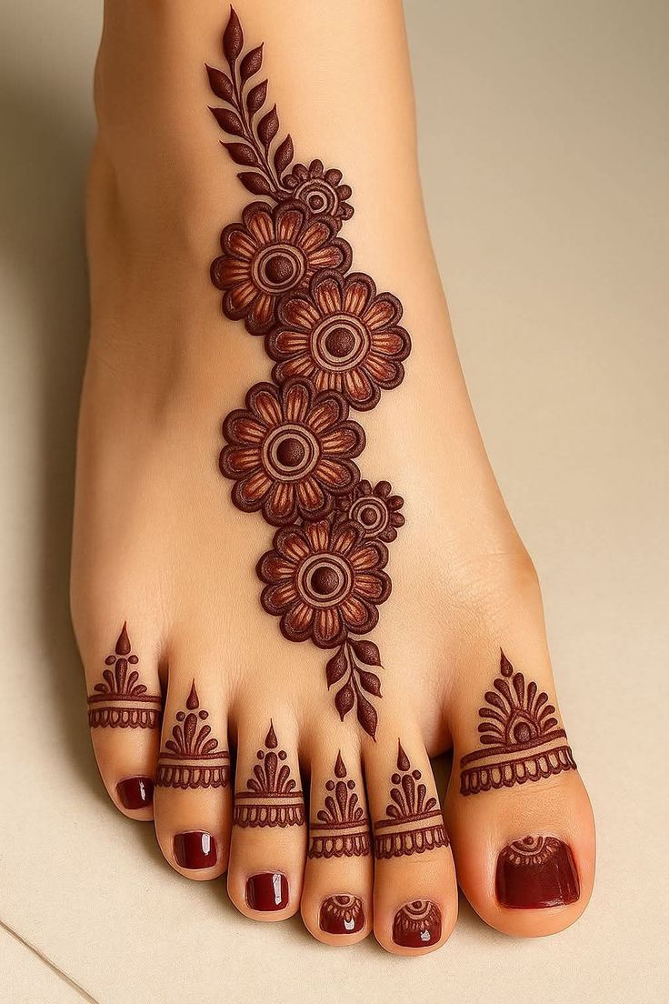 This may contain: hendi design on the foot of a woman
