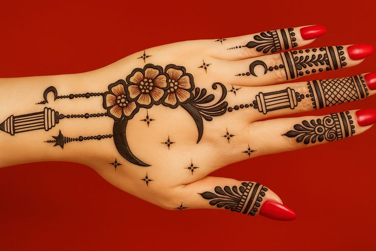 This may contain: a woman's hand with henna tattoos and red nail polishes on it