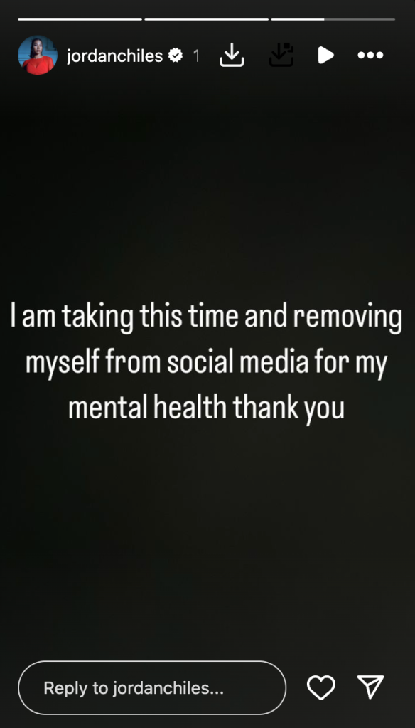 Jordan Chiles' social media post reading 'I am taking this time and removing myself from social media for my mental health thank you'.