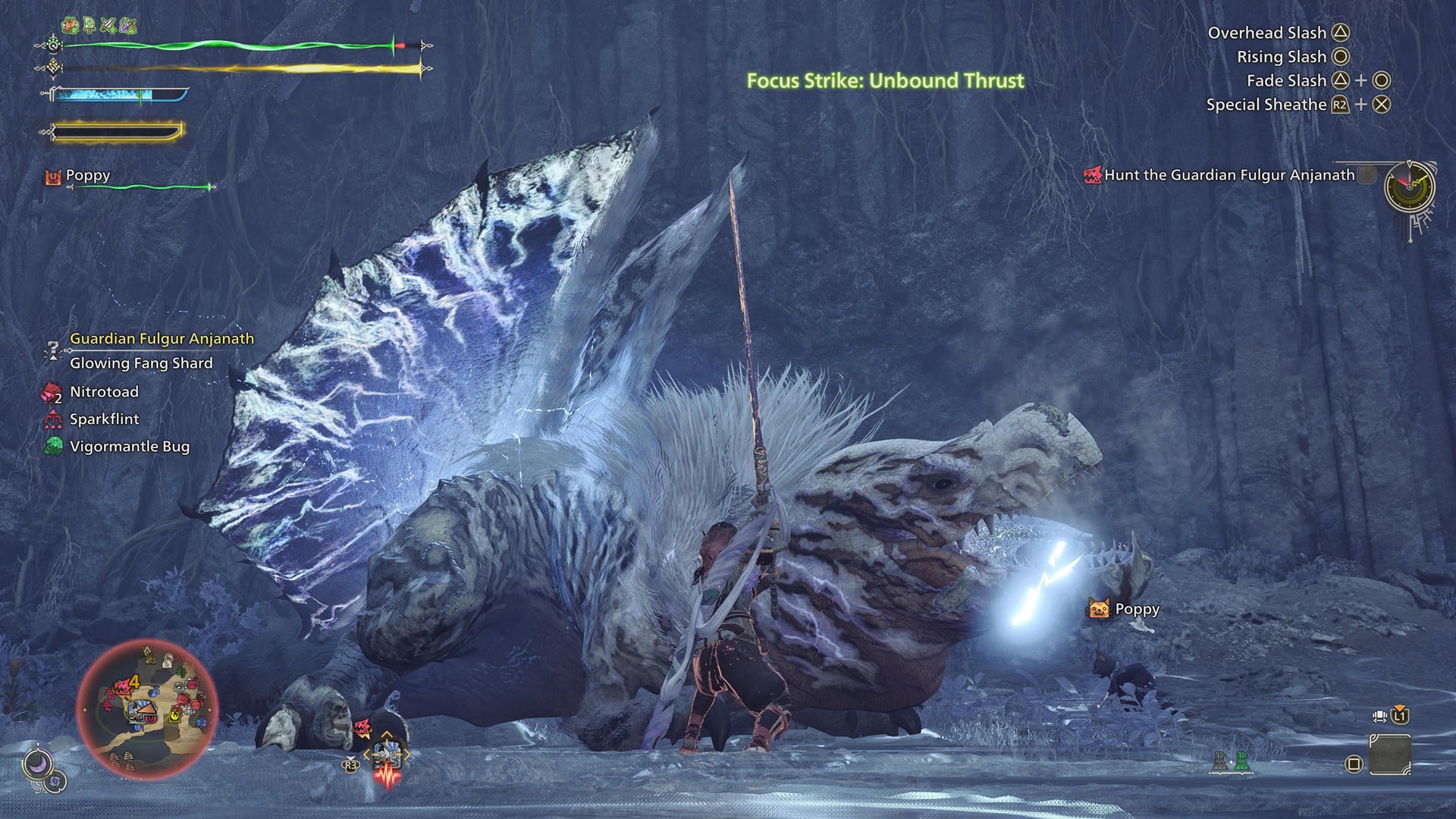 A hunter uses their Long Sword’s Focus Strike against a Guardian Fulgur Anjanath.