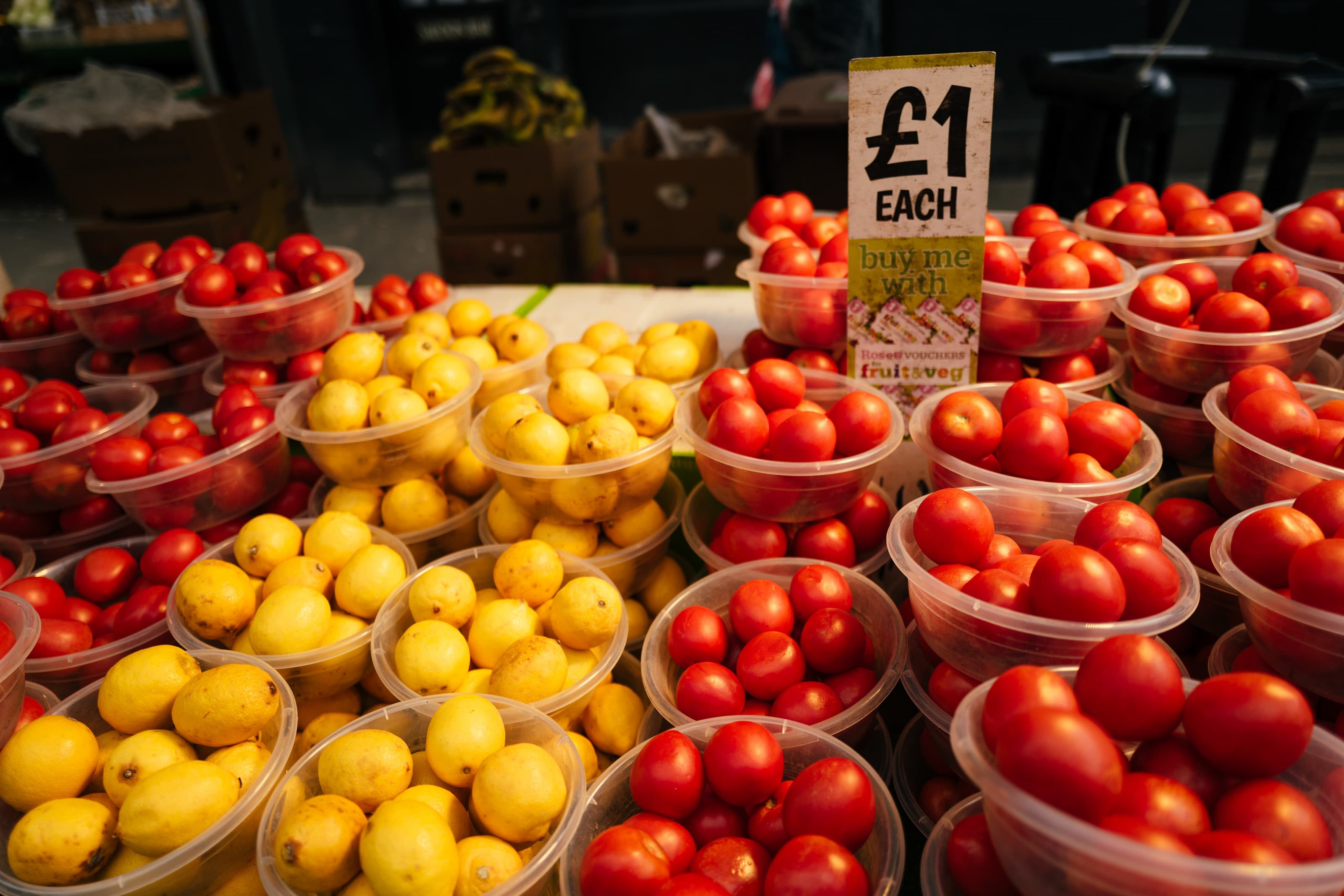 A one pound price label in bowls of produce on a grocery stall at East Street Market in London, UK, on Wednesday, April 17, 2024.