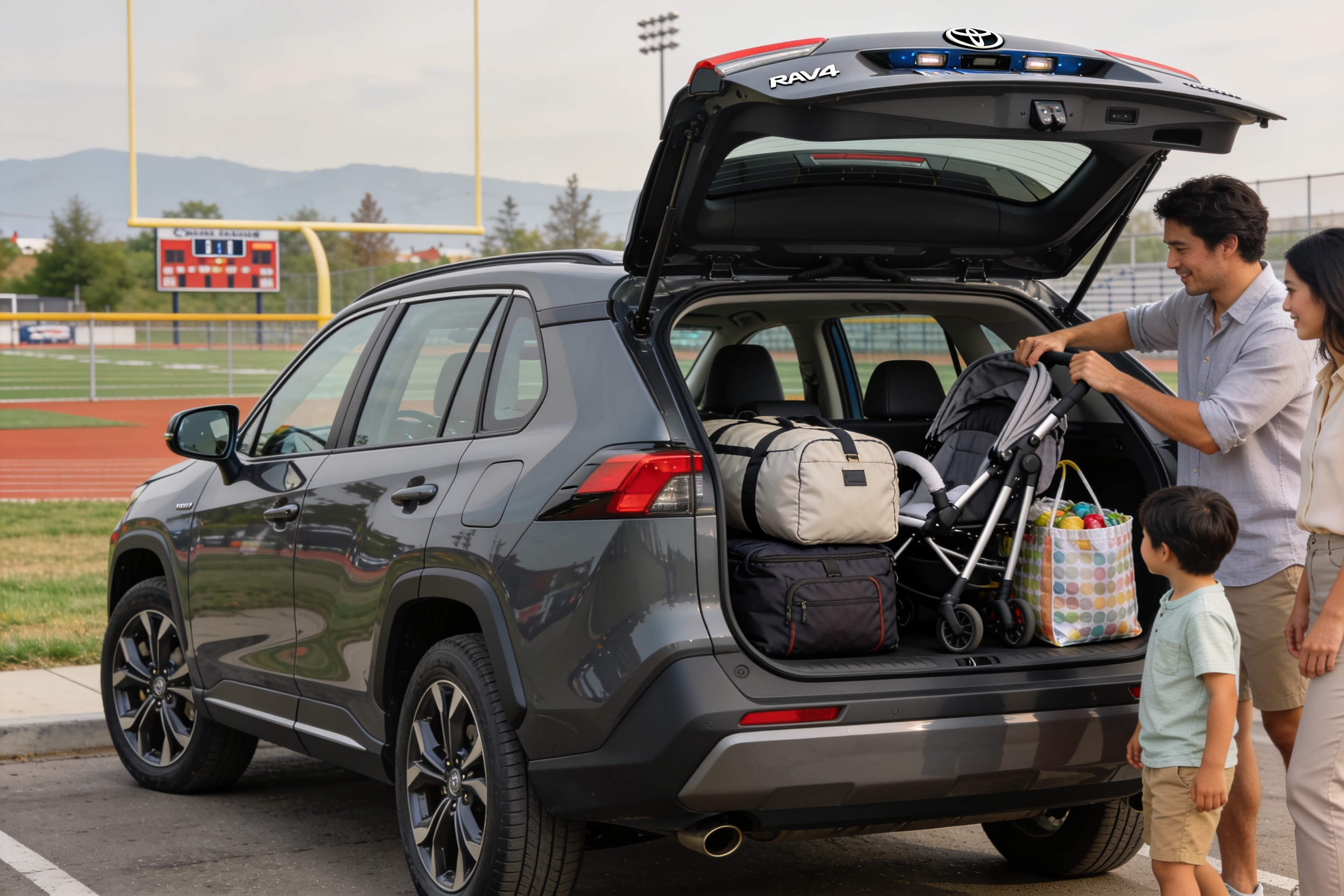 Family loading sports gear and a stroller into a 2026 Toyota RAV4